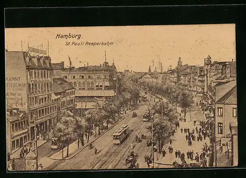 AK Hamburg-St. Pauli, Reeperbahn mit Strassenbahnen