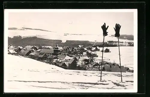 AK Schnett / Thür. Wald, Totale im Winterglanz, Handschuhe auf Skistöcken