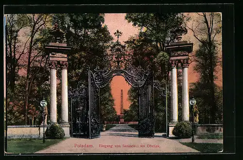 AK Potsdam, Eingang von Sanssouci am Obelisk