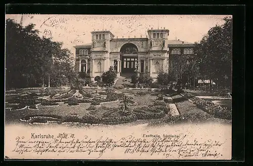 AK Karlsruhe, Festhalle, Südseite mit Garten