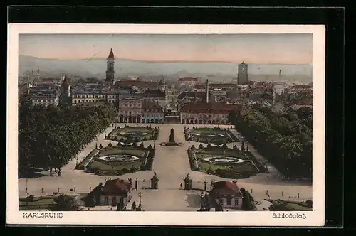AK Karlsruhe, Schlossplatz mit Stadt