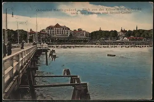 AK Heringsdorf / Ostseebad, Blick von der Kaiser Wilhelm-Brücke nach Kurhaus und Strandcasino