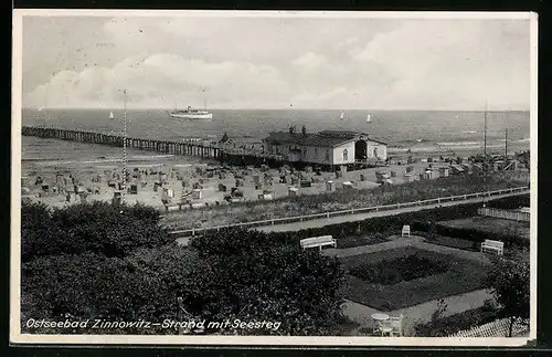 AK Zinnowitz / Ostseebad, Strand mit Seesteg