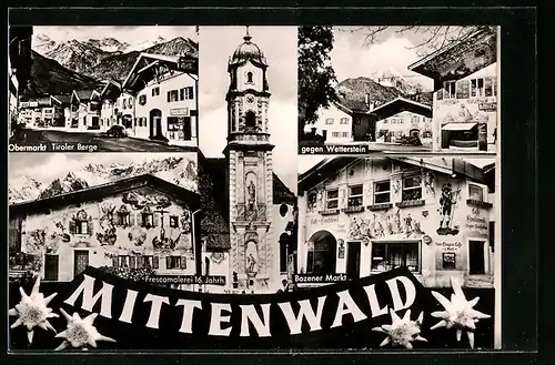 AK Mittenwald, Obermarkt, Bozener Markt, Gebäude mit Frescomalerei