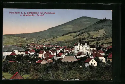 AK Bensheim / Bergstrasse, Gesamtansicht mit Melibocus und Auerbacher Schloss