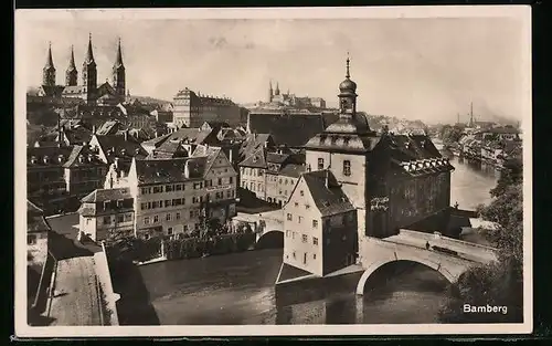AK Bamberg, Teilansicht mit Brücken und Kirche