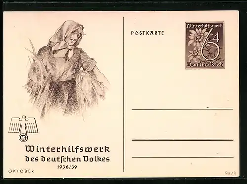 AK Frau mit Kopftuch, , Ganzsache WHW Winterhilfswerk 1938-39