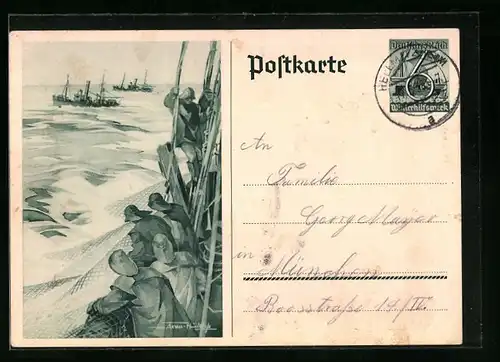 AK Fischer auf einem Boot, Ganzsache WHW Winterhilfswerk