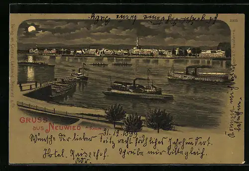 Lithographie Neuwied a. Rhein, Uferpartie mit Dampfern bei Mondschein