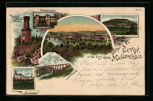 Lithographie Rochlitzer Berg, Waldschlösschen im Muldenthal, Friedrich August-Turm, Göhrener Brücke