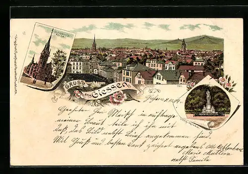 Lithographie Giessen, Teilansicht, St. Johannis-Kirche, Liebig-Denkmal