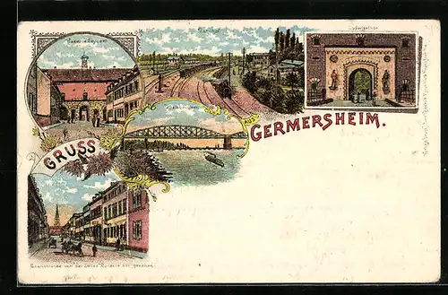 Lithographie Germersheim, Rheinbrücken, Kaserne Seyssel, Ludwigstor