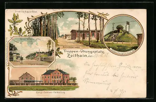 Lithographie Zeithain, Truppen-Übungsplazt, Königliche-Garnison-Verwaltung, Beobachtungsstand, Barackenstrasse