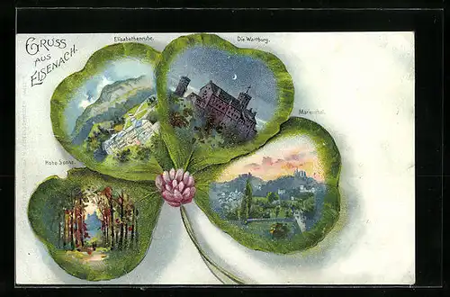 Passepartout-Lithographie Eisenach, Elisabethenruhe, Marienthal und Hohe Sonne im Kleeblatt