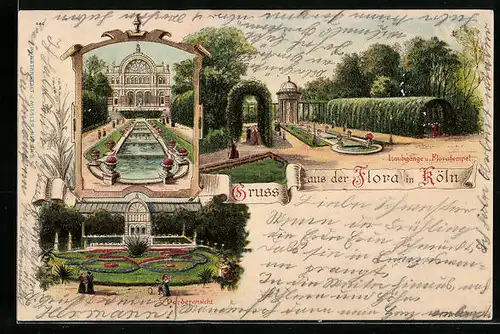 Lithographie Köln-Riehl, Flora, Laubgängeu nd Floratempel, Vorderansicht