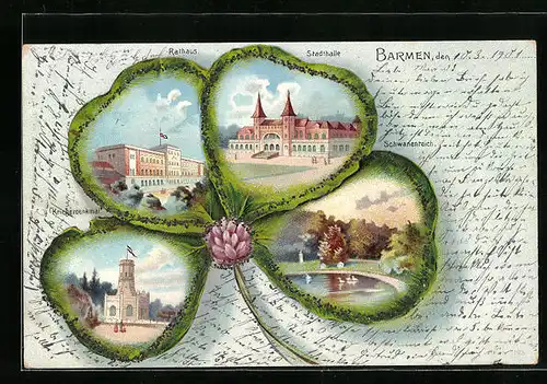 Glitzer-Passepartout-Lithographie Barmen, Rathaus, Stasdthalle und Schwanenteich im Kleeblatt