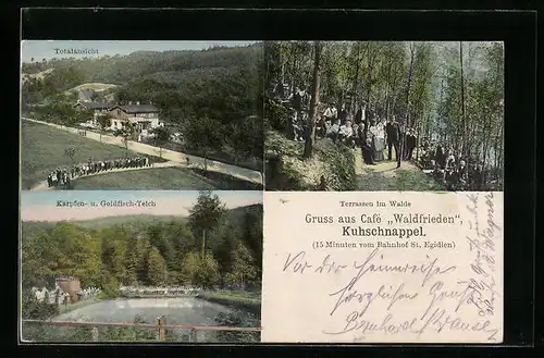 AK Kuhschnappel, Cafe Waldfrieden, Totalansicht, Karpfen- u. Goldfisch-Teich, Terrassen im Walde