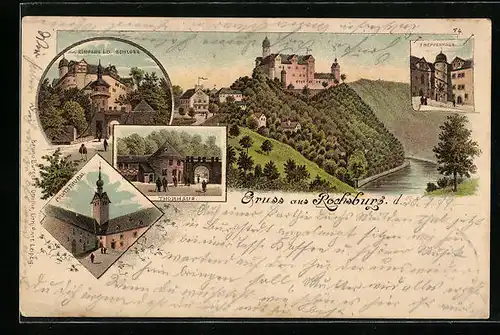 Lithographie Rochsburg, Eingang i. d. Schloss, Torhaus, Pulverturm