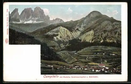 AK Campitello, Ortsansicht mit Rodella, Grohmannspitze und Zahnkofel
