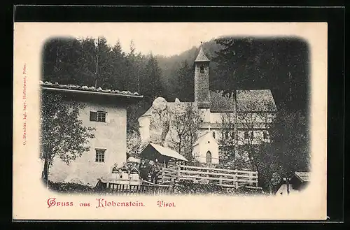 AK Klobenstein, Ortspartie mit Einwohnergruppe und Kirche