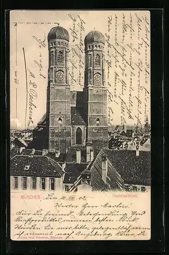 AK München, Frauenkirche aus der Vogelschau