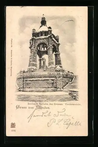 AK Minden i. W., Denkmal Wilhelm des Grossen im Winter, Vorderansicht