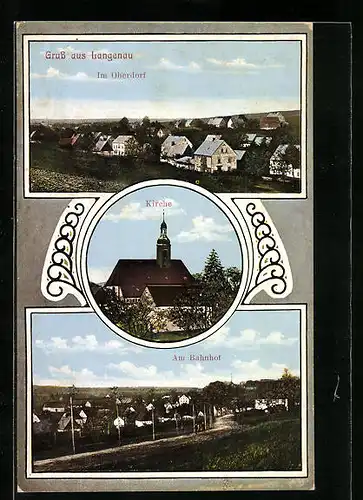 AK Langenau, Oberdorf, Kirche und Bahnhof