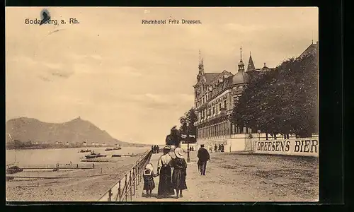 AK Godesberg a. Rh., Promenade mit Besuchern und Hotel Fritz Dreesen