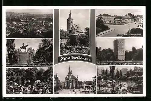 AK Zweibrücken, Alexanderkirche, Herzogsplatz mit Bismarckdenkmal, Rosengarten