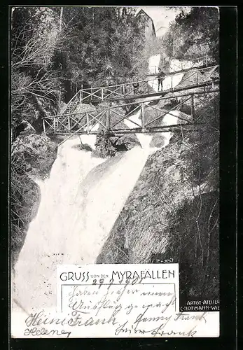 AK Myrafälle, Besucher auf einer Holzbrücke