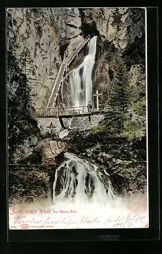AK Wasserfall Zum todten Weib mit Besucher auf der Brücke
