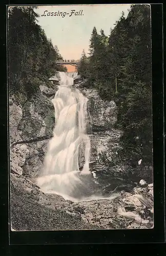 AK Lassing-Fall mit Besuchern auf der Brücke