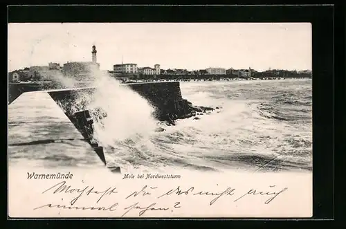 AK Warnemünde, Mole bei Nordweststurm