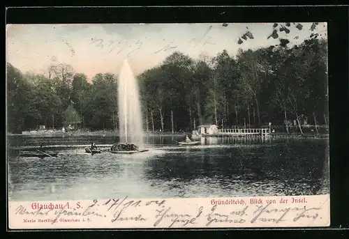 AK Glauchau i. S., Gründelteich, Blick von der Insel