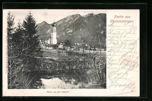 AK Oberammergau, Teilansicht mit Kirche an der Ammer