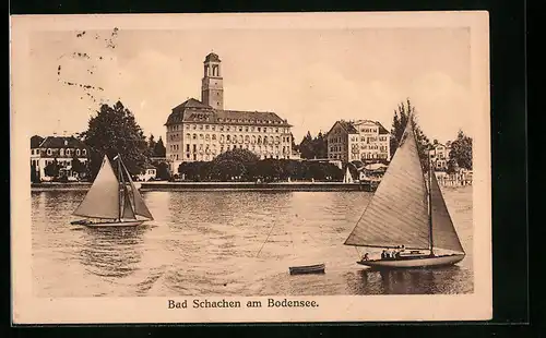 AK Bad Schachen / Bodensee, Teilansicht mit Segelbootspartie