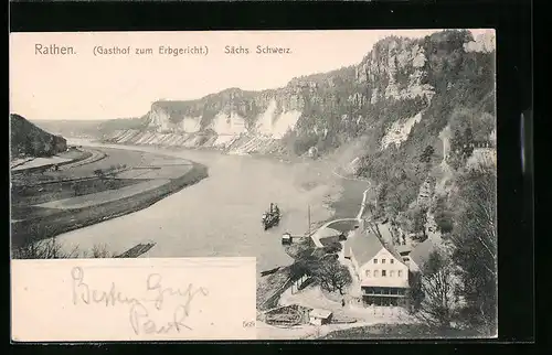 AK Rathen / Sächs. Schweiz, Teilansicht mit Gasthof zum Erbgericht