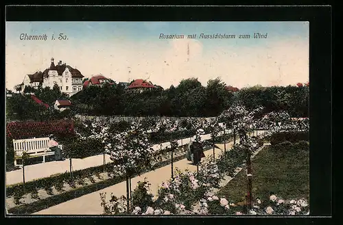 AK Chemnitz i. Sa., Rosarium mit Aussichtsturm zum Wind