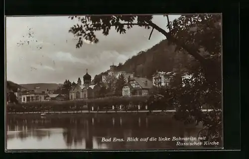 AK Bad Ems, Blick auf die linke Bahnseite mit Russischer Kirche