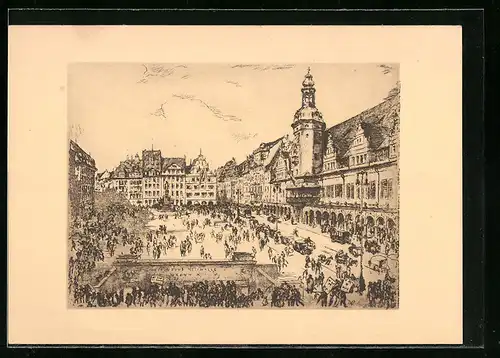 Künstler-AK Leipzig, Markt mit Altem Rathaus und Messamt