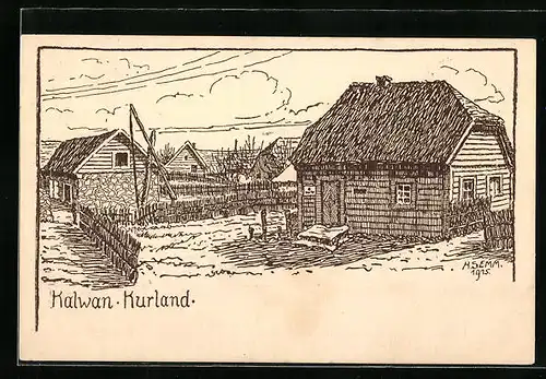 Künstler-AK Kurland, Häuser mit Reetdächern