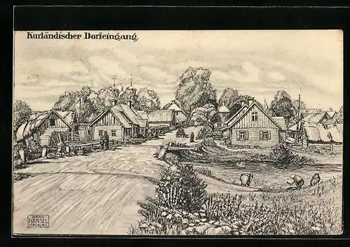 Künstler-AK Kurland, Häuser am Dorfeingang