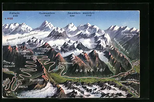 AK Grimsel-Pass, Landkarte mit Hasle Tal und Umgebung