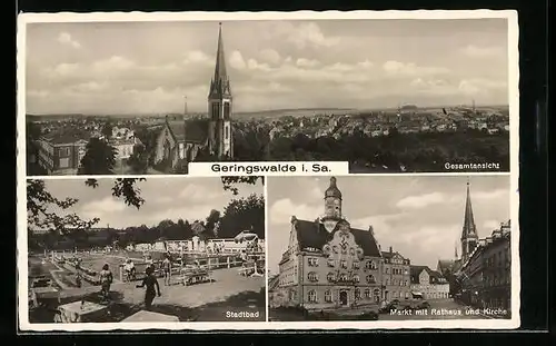 AK Geringswalde /Sa., Gesamtansicht, Stadtbad und Markt
