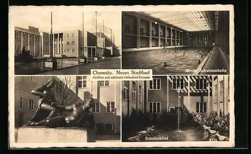 AK Chemnitz, Neues Stadtbad, Strassenansicht, Schwimmhalle, Schmuckhof