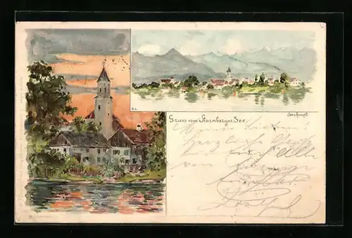 Lithographie Seeshaupt /Starnb. See, Panorama des Ortes, Kirche