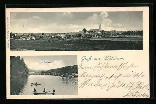 AK Welzheim, Panorama des Ortes, Partie am Ebnisee