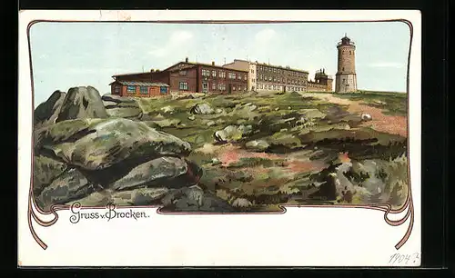 Lithographie Brocken, Gebäude und Turm auf dem Brocken