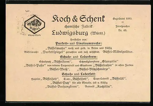 AK Ludwigsburg /Württ., Ankündigungskarte Vertreterbesuch der Chemiefirma Koch & Schenk, Firmenlogo