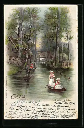 Lithographie Lehde /Spreewald, Wasserstrasse mit Spreewaldbewohnern in Kähnen